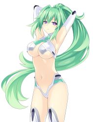 Rule 34 | 1girl, armpits, arms behind head, arms up, breasts, choujigen game neptune, cleavage, detached sleeves, floating hair, green hair, green heart (neptunia), groin, hair between eyes, high ponytail, highres, large breasts, long hair, looking at viewer, navel, neptune (series), parted lips, purple eyes, simple background, solo, standing, underboob, very long hair, white background, zero (ray 0805)