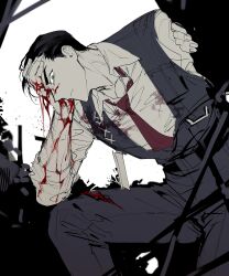 Rule 34 | 1boy, belt, black belt, black hair, black pants, black vest, bleeding, blood, blood on clothes, blood on hands, closed mouth, collared shirt, fingerless gloves, gloves, green eyes, hair slicked back, highres, limbus company, looking at viewer, meursault (project moon), necktie, pants, pouch, project moon, red necktie, remsrar, shirt, vest, white shirt