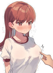 Rule 34 | 1girl, 1other, blush, breasts, brown eyes, brown hair, closed mouth, collarbone, disembodied limb, gym shirt, highres, kantai collection, large breasts, long hair, nanahamu, ooi (kancolle), pointing, pointing at another, shirt, short sleeves, simple background, solo, sweat, trembling, upper body, white background, white shirt