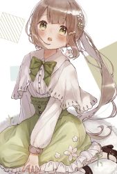 Rule 34 | bad id, bad twitter id, blush, bobby pin, bow, brown hair, earrings, flower, flower earrings, flower skirt, frilled skirt, frills, green bow, green eyes, green nails, green shirt, hair between eyes, hair flower, hair ornament, highres, jewelry, lolita fashion, long hair, long skirt, long sleeves, looking at viewer, mary janes, nail polish, open mouth, original, pantyhose, ponytail, shano-pirika, shirt, shoes, sidelocks, simple background, sitting, skirt, solo, teeth, white pantyhose, white shirt