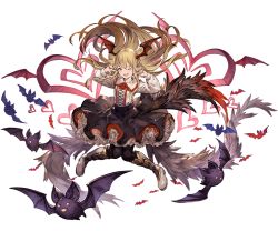 Rule 34 | 10s, 1girl, animal, bat (animal), black pantyhose, blonde hair, boots, fang, frills, full body, granblue fantasy, heart, knee boots, long hair, long sleeves, looking at viewer, minaba hideo, official art, one eye closed, open mouth, orange eyes, pantyhose, pointy ears, shingeki no bahamut, shirt, skirt, smile, solo, transparent background, vampy