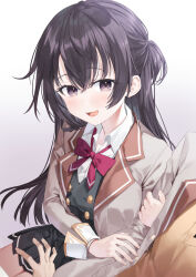 1boy 1girl black_hair black_skirt blush breasts brother_and_sister brown_jacket collared_shirt commentary hair_between_eyes highres holding_another&#039;s_arm jacket kuze_masachika long_hair long_sleeves neck_ribbon open_clothes open_jacket red_ribbon ribbon school_uniform seiren_academy_school_uniform shirt siblings simple_background skirt smile solo_focus suou_yuki tokidoki_bosotto_roshia-go_de_dereru_tonari_no_alya-san white_background white_shirt yana_mori