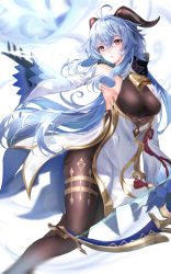 Rule 34 | 1girl, absurdres, blue hair, bow (weapon), breasts, cowbell, dress, ganyu (genshin impact), genshin impact, hair between eyes, highres, holding, holding bow (weapon), holding weapon, horns, long hair, looking at viewer, neck bell, solo, very long hair, wavy hair, weapon, yellow eyes