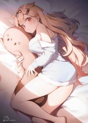 Rule 34 | 1girl, absurdres, animal-shaped pillow, bare shoulders, bed sheet, blonde hair, blush, breasts, hair flaps, hair ornament, hair ribbon, hairclip, highres, kantai collection, large breasts, long hair, long sleeves, lying, nyum, off shoulder, on side, open mouth, pillow, red eyes, ribbon, shirt, signature, solo, twitter username, yuudachi (kancolle), yuudachi kai ni (kancolle)