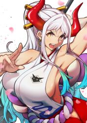 Rule 34 | 1girl, absurdres, angry, aqua hair, arm behind head, armpits, artist request, bare shoulders, breasts, female focus, highres, horns, large breasts, long hair, looking at viewer, multicolored hair, one piece, orange eyes, sideboob, simple background, solo, teeth, upper body, white background, white hair, yamato (one piece)