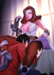 Rule 34 | 1boy, 1girl, armor, beatrix (ff9), bed, bedroom, belt, blush, breasts, brown eyes, brown hair, brown pantyhose, clothes lift, commission, curly hair, eyepatch, final fantasy, final fantasy ix, fingerless gloves, flustered, gloves, grabbing, head between thighs, heels, highres, jackboo, kiss, kissing thigh, large breasts, leggings, legs, looking to the side, medium hair, one eye visible, pantyhose, sitting, skirt, skirt lift, square enix, sword, thick thighs, thigh grab, thighs, underwear, weapon