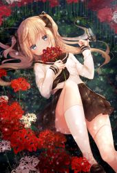 Rule 34 | 1girl, black bow, black skirt, blonde hair, blue eyes, blurry, blush, bow, breasts, bug, butterfly, butterfly on hand, convenient leg, covering own mouth, depth of field, emori el, fingernails, flower, gomano rio, hair bow, hand on own chest, highres, holding, holding flower, insect, knee up, kneehighs, liver city, loafers, long hair, long sleeves, looking at viewer, lying, miniskirt, neckerchief, official art, on back, on grass, outdoors, pleated skirt, red flower, school uniform, serafuku, shirt, shoes, skirt, sleeves past wrists, small breasts, socks, solo, spider lily, string, string of fate, two side up, white flower, white shirt, white socks, white spider lily