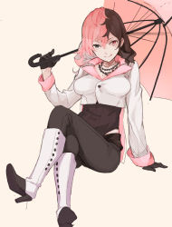 Rule 34 | 1girl, :d, black gloves, black pants, boots, breasts, brown hair, cleavage, clothing cutout, cropped jacket, full body, gloves, grey eyes, hair between eyes, hayami ritsu, heterochromia, high heel boots, high heels, holding, holding umbrella, jewelry, knee boots, crossed legs, licking, licking lips, long hair, long sleeves, looking at viewer, multicolored hair, navel cutout, necklace, neo politan, open mouth, pants, pink eyes, pink hair, rwby, shoe soles, simple background, sitting, smile, solo, split-color hair, tongue, tongue out, two-tone hair, umbrella, white background