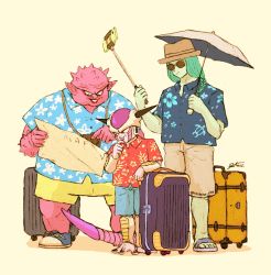 Rule 34 | 3boys, barefoot, casual, cellphone, dodoria, dragon ball, dragonball z, frieza, green hair, horns, leaning on object, long hair, luggage, map, multiple boys, phone, pointing, red eyes, rolling suitcase, selfie stick, side ponytail, smartphone, smile, suitcase, sunglasses, sutaneko, tail, umbrella, zarbon