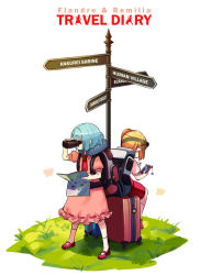 Rule 34 | 2girls, ascot, backpack, bag, binoculars, blue hair, brooch, bug, butterfly, cellphone, character name, commentary, dress, english commentary, eyewear on head, flandre scarlet, full body, grass, hand up, highres, holding, holding binoculars, holding map, holding phone, insect, jewelry, kneehighs, lock, long hair, map, mary janes, multiple girls, no headwear, phone, pink dress, pointy ears, puffy short sleeves, puffy sleeves, red ascot, red footwear, red skirt, red vest, remilia scarlet, ribbon-trimmed dress, ribbon trim, rolling suitcase, shadow, shirt, shoes, short hair, short sleeves, siblings, side ponytail, simple background, sisters, sitting, skirt, skirt set, smartphone, socks, standing, suitcase, sunglasses, touhou, vest, white background, white legwear, white shirt, yoruny