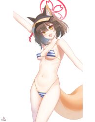 Rule 34 | 1girl, absurdres, animal ears, arm up, bikini, blue archive, breasts, brown hair, cowboy shot, eyeshadow, fang, fox ears, fox tail, hair between eyes, halo, highres, izuna (blue archive), izuna (swimsuit) (blue archive), makeup, official alternate costume, open mouth, pink eyeshadow, red halo, short hair, signature, simple background, small breasts, smile, solo, striped bikini, striped clothes, swimsuit, tachibana shiori (suica 112), tail, white background, yellow eyes