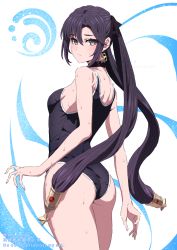 Rule 34 | 1girl, aoi suzu, artist name, ass, black choker, black hair, black one-piece swimsuit, blue eyes, blush, breasts, choker, closed mouth, earrings, from behind, from side, genshin impact, hair between eyes, highres, jewelry, long hair, looking at viewer, looking to the side, mona (genshin impact), one-piece swimsuit, small breasts, solo, star (symbol), star earrings, swimsuit, thighs, twintails, very long hair, water, watermark, wet