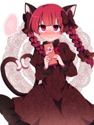 Rule 34 | 1girl, animal ears, bad id, bad pixiv id, blunt bangs, blush, bow, braid, brown bow, brown dress, cat ears, cat tail, closed mouth, dress, frilled sleeves, frills, gift, hair bow, heart, heart tail, holding, holding gift, juliet sleeves, kaenbyou rin, long hair, long sleeves, looking at viewer, multiple tails, nose blush, puffy sleeves, red eyes, red hair, solo, speech bubble, spoken blush, sweat, tail, tareme, touhou, twin braids, two tails, you (noanoamoemoe)