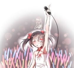 Rule 34 | 10s, 14 (vision5032), 1girl, arm up, bad id, bad twitter id, black hair, blush, bow, concert, crowd, eyepatch, glowstick, grin, hair bow, hair ornament, heart, highres, index finger raised, love live!, love live! school idol project, microphone, short hair, silhouette, smile, solo, teeth, twintails, upper body, yazawa nico