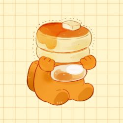 Rule 34 | 1other, among us, artist name, butter, commentary, crewmate (among us), food, highres, holding, holding food, motion lines, no humans, orange (among us), orange theme, pancake, pancake stack, signature, simple background, sitting, solo, souffle pancake, symbol-only commentary, syrup, tenmiyakiyo, trembling, yellow background