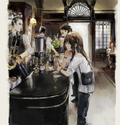 Rule 34 | 2girls, 3boys, bag, bare shoulders, black hair, black pants, black vest, blouse, blue eyes, bottle, bracelet, brown hair, cafe, chibi (shimon), head rest, coffee, coffee pot, commentary, cup, drinking, english commentary, from behind, from side, holding, holding phone, indoors, jar, jewelry, long hair, looking at another, multiple boys, multiple girls, off shoulder, original, pants, parted lips, phone, profile, shirt, short sleeves, smile, solo focus, standing, vest, white shirt, white shirt, window
