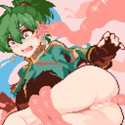 Rule 34 | 1girl, 1other, anal, animated, animated gif, ass, blue eyes, bound, captured, censored, fire emblem, fire emblem: the blazing blade, green hair, looking back, looping animation, lyn (fire emblem), momiahair, monster, mosaic censoring, nintendo, pink background, pixel art, pussy, rape, simple background, solo focus, tentacles, torn clothes