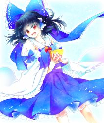 Rule 34 | 1girl, :d, alternate color, ascot, black hair, blue bow, blue skirt, bow, detached sleeves, fingers together, frilled sleeves, frills, gradient background, hair bow, hair tubes, hakurei reimu, half updo, muzuki uruu, open mouth, player 2, red eyes, see-through, short hair, skirt, skirt set, smile, solo, touhou, wide sleeves