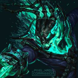 Rule 34 | 1boy, artist name, black background, black robe, commission, fire, green fire, holding, league of legends, long sleeves, male focus, open mouth, pixel hagl, robe, sharp teeth, skull, solo, teeth, thresh (league of legends)