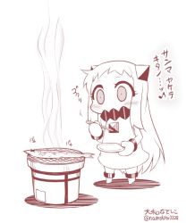Rule 34 | 10s, 1girl, abyssal ship, chopsticks, commentary request, contemporary, cooking, covered mouth, dress, fish, grill, grilling, horns, kantai collection, long hair, mittens, monochrome, northern ocean princess, plate, saury, shichirin, sleeveless, sleeveless dress, smoke, solo, translation request, twitter username, yamato nadeshiko