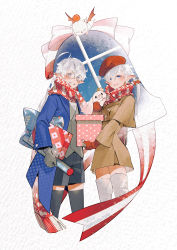 Rule 34 | 1girl, alisaie leveilleur, alphinaud leveilleur, bell, black shorts, black thighhighs, blue coat, blue eyes, blush, bow, braid, brother and sister, brown coat, coat, commentary, cowboy shot, elezen, elf, english commentary, final fantasy, final fantasy xiv, gift, glasses, gloves, grey gloves, grey vest, hat, highres, holding, holding gift, hutaway, long hair, looking at viewer, moogle, paper background, parted lips, pointy ears, red bow, red gloves, red headwear, red ribbon, red scarf, ribbon, scarf, shorts, siblings, single braid, smile, striped bow, striped ribbon, thighhighs, vest, waistcoat, white bow, white hair, white ribbon, white thighhighs, winter clothes, wrapping paper