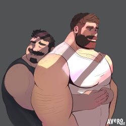 Rule 34 | 2boys, avero art, back hair, bara, beard, comforting, couple, facial hair, fat, fat man, full beard, hairy, height difference, highres, hug, hug from behind, large pectorals, male focus, mature male, multiple boys, muscular, muscular male, mustache, original, pectoral cleavage, pectorals, sad, shadow, short hair, sparse chest hair, sunlight, tank top, thick beard, thick mustache, upper body, white tank top, yaoi