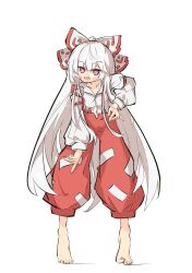 Rule 34 | 1girl, barefoot, blush, bow, collarbone, collared shirt, fujiwara no mokou, full body, hair bow, hand on own hip, highres, leaning forward, long hair, long sleeves, looking at viewer, one-hour drawing challenge, open mouth, pants, primsla, puffy long sleeves, puffy pants, puffy sleeves, red bow, red eyes, red pants, shirt, sidelocks, smile, solo, split mouth, standing, suspenders, teeth, tiptoes, touhou, upper teeth only, very long hair, white bow, white hair, white shirt