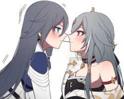 Rule 34 | 2girls, asymmetrical clothes, blue eyes, blush, breasts, chinese clothes, closed mouth, dual persona, eyeliner, food, fu hua, fu hua (azure empyrea), fu hua (herrscher of sentience), fu hua (taixuan impression), grey hair, honkai (series), honkai impact 3rd, jewelry, long hair, long sleeves, looking at another, makeup, multiple girls, pocky, red eyeliner, red eyes, simple background, single bare shoulder, small breasts, upper body, white background, yunomi (yunomi hs), yuri