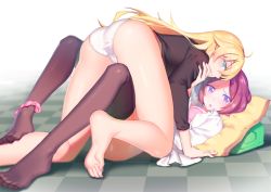 Rule 34 | 2girls, all fours, ass, barefoot, black legwear, blonde hair, blue eyes, blush, bra, checkered floor, dress shirt, feet, fiodo, highres, long hair, looking at viewer, multiple girls, new game!, no pants, no shoes, open clothes, open mouth, open shirt, panties, pillow, pink bra, pink panties, purple eyes, purple hair, shirt, short hair, simple background, soles, thighhighs, toes, tooyama rin, underwear, white background, white panties, white shirt, yagami kou, yuri