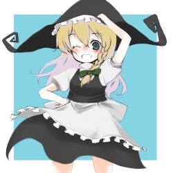 Rule 34 | 1girl, bad id, bad pixiv id, blonde hair, blue eyes, blush, braid, female focus, hand on headwear, hand on own hip, hat, hip focus, kirisame marisa, long hair, lowres, maid, one eye closed, oza watto, simple background, skirt, solo, touhou, wink, witch, witch hat