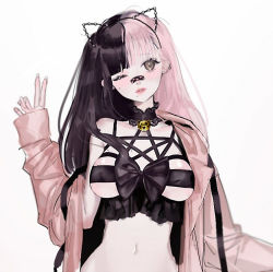 Rule 34 | 1girl, bad id, bad pixiv id, bandaid, bell, bow, breasts, choker, collarbone, earrings, headband, jewelry, jingle bell, lips, long hair, multicolored hair, one eye closed, open clothes, original, pale skin, shikishima (eiri), simple background, solo, split-color hair, two-tone hair, underboob, v, white background