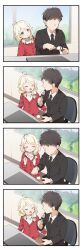 Rule 34 | 1boy, 1girl, 4koma, absurdres, ahoge, black hair, black jacket, black necktie, blonde hair, business suit, buttons, chair, chewing, child, clenched hands, closed eyes, comic, commentary, cutting, day, desk, faceless, faceless male, flat chest, food, formal, green eyes, hair bobbles, hair flaps, hair ornament, hands up, highres, idolmaster, idolmaster cinderella girls, jacket, light blush, long sleeves, looking at another, low twintails, necktie, office chair, open mouth, parted lips, producer (idolmaster), puffy cheeks, red jacket, shirt, short hair, silent comic, sitting, snack, suit, sweater, swivel chair, tree, twintails, white shirt, white sweater, window, yukie (kusaka shi), yusa kozue