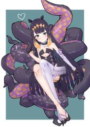 Rule 34 | 1girl, absurdres, black gloves, black hair, blush, crossed legs, detached sleeves, floating, gloves, heart, highres, holding, holding pen, hololive, hololive english, long hair, low wings, ninomae ina&#039;nis, ninomae ina&#039;nis (1st costume), okobo, pen, pointy ears, purple eyes, sandals, single detached sleeve, single thighhigh, sitting, smile, solo, tentacle hair, tentacles, thighhighs, very long hair, virtual youtuber, wings, yakiniku-joan.