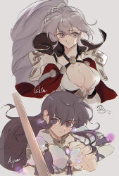 2girls absurdres arm_up armor ayra_(fire_emblem) black_eyes black_hair breastplate breasts cape character_name cleavage closed_mouth collarbone cropped_torso curly_sidelocks determined dress earrings fire_emblem fire_emblem:_genealogy_of_the_holy_war fire_emblem_heroes floating_hair gem grey_background hair_between_eyes high_side_ponytail highres ishtar_(fire_emblem) ishtar_(resplendent)_(fire_emblem) jewelry large_breasts lens_flare long_hair looking_at_viewer medallion multiple_girls nintendo official_alternate_costume pauldrons plunging_neckline popped_collar purple_eyes purple_gemstone purple_hair red_cape short_sleeves shoulder_armor sidelocks simple_background sparkle sword v-shaped_eyebrows very_long_hair weapon white_dress yu_zuko729