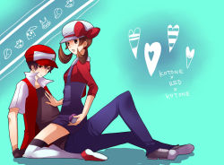 Rule 34 | 00s, 1boy, 1girl, bad id, bad pixiv id, baseball cap, black hair, brown eyes, brown hair, couple, creatures (company), game freak, girl on top, hat, hat ribbon, heart, hetero, holding, holding poke ball, lyra (pokemon), master ball, nintendo, overalls, pixiv red, poke ball, pokemon, pokemon hgss, rahiko, red (pokemon), red eyes, red ribbon, redundancy, ribbon, short twintails, thighhighs, twintails