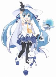 Rule 34 | 1girl, :d, animal, arm up, black gloves, black pantyhose, blue eyes, blue hair, blue ribbon, blue skirt, blush, boots, cape, commentary request, fingerless gloves, full body, gloves, hair ribbon, hat, hatsune miku, highres, holding, holding staff, long hair, looking at viewer, open mouth, orb, pantyhose, pleated skirt, rabbit, ribbon, shirt, simple background, skirt, sleeveless, sleeveless shirt, smile, staff, standing, standing on one leg, tantan men (dragon), twintails, very long hair, vocaloid, white background, white cape, white footwear, white hat, white shirt, yellow neckwear, yuki miku, yukine (vocaloid)