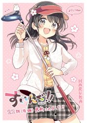 Rule 34 | 1girl, :d, black hair, commentary request, golf club, grey eyes, grey skirt, hair between eyes, hand up, hat, highres, holding, jacket, long hair, long sleeves, looking at viewer, open clothes, open jacket, open mouth, pink background, plaid, plaid skirt, polka dot, polka dot background, red hat, sakura oriko, shirt, skirt, smile, solo, swing!!, translation request, two-tone background, unmoving pattern, visor cap, white background, white jacket, yellow shirt