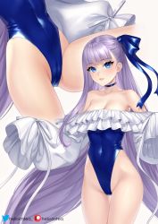 Rule 34 | 1girl, bare shoulders, blue eyes, blue ribbon, blush, breasts, choker, collarbone, covered navel, fate/grand order, fate (series), frilled one-piece swimsuit, frills, hair ribbon, helloimtea, highleg, highleg swimsuit, highres, long hair, long sleeves, looking at viewer, meltryllis, meltryllis (fate), meltryllis (swimsuit lancer) (fate), meltryllis (swimsuit lancer) (second ascension) (fate), multiple views, off-shoulder one-piece swimsuit, off shoulder, one-piece swimsuit, parted lips, puffy sleeves, purple hair, ribbon, sleeves past fingers, sleeves past wrists, small breasts, smile, swimsuit, thighs, very long hair, white ribbon