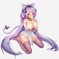 Rule 34 | 1girl, absurdres, animal ears, bad id, bad pixiv id, bell, blue eyes, blunt bangs, blush, braid, breasts, buttons, cat ears, cat girl, cat tail, collar, collarbone, garter straps, hair ribbon, hairband, heterochromia, highres, lactation, large breasts, last origin, long hair, looking at viewer, neck bell, nipples, off shoulder, perrault (last origin), purple thighhighs, ribbon, see-through, shirt, simple background, sitting, sleeves past wrists, solo, tail, tail ornament, tail ribbon, thighhighs, todnska, unbuttoned, very long hair, wariza, wet, wet clothes, white background, white shirt, yellow eyes