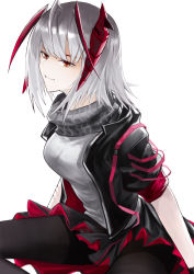 Rule 34 | 1girl, absurdres, arknights, black jacket, black pantyhose, black skirt, breasts, commentary, grey scarf, grey shirt, head tilt, highres, horns, jacket, medium breasts, miniskirt, open clothes, open jacket, pantyhose, pleated skirt, red eyes, scarf, shidai, shirt, short hair, short sleeves, silver hair, simple background, sitting, skirt, solo, thighs, w (arknights), white background