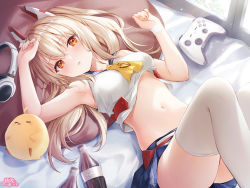 Rule 34 | 1girl, arm up, armpits, ayanami (azur lane), azur lane, bare arms, bare shoulders, bed, bird, blonde hair, blue skirt, bottle, breasts, chick, cola, controller, crop top, game controller, hand up, higeneko, highres, knees up, long hair, looking at viewer, lying, manjuu (azur lane), mechanical ears, midriff, miniskirt, navel, neckerchief, on back, on bed, orange eyes, parted lips, pillow, ponytail, sailor collar, school uniform, serafuku, shirt, skirt, sleeveless, sleeveless shirt, small breasts, solo, stomach, thighhighs, thighs, white shirt, white thighhighs