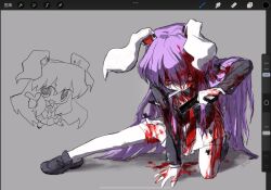 Rule 34 | 1girl, animal ears, black footwear, blood, blood in hair, blood on clothes, blood on face, chibi, dagger, grey background, gun, highres, holding, holding gun, holding weapon, knife, loafers, long hair, looking at viewer, mouth hold, multiple views, necktie, on one knee, puripur16448985, purple hair, rabbit ears, red eyes, red necktie, reisen udongein inaba, shoes, simple background, skirt, stab, thighhighs, touhou, very long hair, weapon, white skirt, white thighhighs
