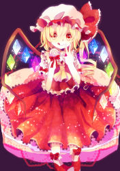 Rule 34 | 1girl, :q, ascot, blonde hair, bow, candy, crystal, curly hair, dress, female focus, flandre scarlet, food, frilled dress, frills, hair curls, hat, hat ribbon, heart, heart-shaped pupils, highres, hiyuu (hiyualice), lollipop, red eyes, ribbon, short hair, short sleeves, side ponytail, solo, symbol-shaped pupils, tongue, tongue out, touhou, v, wings