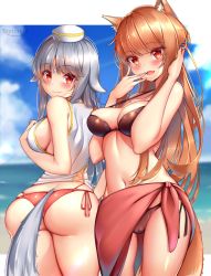 Rule 34 | 2girls, :d, animal ears, ass, bare arms, bare shoulders, bikini, black bikini, breasts, cameltoe, character request, cloud, commentary, cowboy shot, english commentary, fang, gold trim, hand on own chest, hands up, highres, holo, kaptivate, large breasts, long hair, looking at viewer, medium breasts, multi-strapped bikini, multiple girls, nanashi (15 bishoujo hyouryuuki), navel, ocean, open mouth, orange hair, outdoors, red bikini, red eyes, sarong, shirt, side-tie bikini bottom, silver hair, skindentation, sky, sleeveless, sleeveless shirt, slit pupils, smile, spice and wolf, standing, stomach, strap gap, swimsuit, tail, thighs, twisted torso, white headwear, white shirt, wolf ears, wolf tail