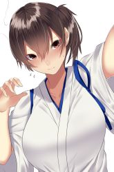 Rule 34 | 1girl, arm up, blue ribbon, blush, breasts, brown eyes, brown hair, closed mouth, collarbone, commentary request, eyelashes, fingernails, flying sweatdrops, hair between eyes, hair ornament, hair ribbon, hand up, highres, japanese clothes, kaga (kancolle), kantai collection, large breasts, long fingernails, looking at viewer, onineko-chan, reaching, reaching towards viewer, ribbon, selfie, short sleeves, side ponytail, simple background, solo, taking picture, upper body, white background, wide sleeves