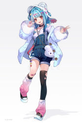 Rule 34 | 1girl, :d, animal ears, bear ears, black collar, black footwear, black thighhighs, blue hair, blue jacket, braid, breasts, collar, collarbone, commentary request, fake animal ears, full body, fur-trimmed sleeves, fur trim, gradient background, grey background, highres, jacket, kneehighs, long sleeves, looking at viewer, loose socks, multicolored hair, multicolored nails, off-shoulder shirt, off shoulder, open clothes, open jacket, open mouth, overall shorts, overalls, pink socks, puffy long sleeves, puffy sleeves, purple nails, red eyes, red nails, shadow, shiranami ramune, shirokitsune, shirt, shoes, single kneehigh, single sock, single thighhigh, small breasts, smile, socks, solo, standing, standing on one leg, streaked hair, thighhighs, v, virtual youtuber, vspo!, w, white background, white hair, white shirt