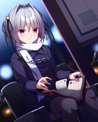Rule 34 | 1girl, 2022, alternate costume, bell, black coat, black pantyhose, black ribbon, blurry, blurry background, blush, book, casual, closed mouth, coat, commentary request, dated commentary, dutch angle, grey hair, hair bell, hair between eyes, hair intakes, hair ornament, hair ribbon, hapymaher, highres, jingle bell, long sleeves, mate (oktavia1121), medium hair, naitou maia, night, open book, outdoors, pantyhose, reading, red eyes, ribbon, scarf, sitting, slit pupils, smile, solo, two side up, white scarf