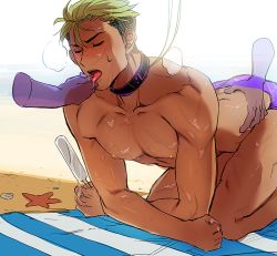 Rule 34 | 1boy, ass, bara, beach, closed eyes, food, green hair, king of prism, king of prism by prettyrhythm, kneeling, male focus, muscular, nipples, outdoors, popsicle, pretty rhythm, pretty rhythm rainbow live, pretty series, sand, sweat, tongue, tongue out, towel, yamato alexander, yaoi