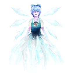 Rule 34 | 1girl, blue hair, cirno, closed eyes, dress, female focus, short hair, simple background, solo, touhou, white background, wings