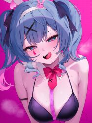 Rule 34 | 1girl, absurdres, animal ears, arm strap, bare shoulders, black leotard, blue eyes, blue hair, blush, bow, bowtie, breasts, bright pupils, chest harness, cleavage, detached collar, facial mark, fake animal ears, hair ornament, hair ribbon, hairband, harness, hatsune miku, heavy breathing, highres, large breasts, leotard, licking lips, long hair, looking at viewer, medium hair, multicolored hair, open mouth, playboy bunny, rabbit ears, rabbit hole (vocaloid), raised eyebrow, reel (riru), revision, ribbon, smile, solo, spaghetti strap, sweat, through wall, tongue, tongue out, twintails, two-tone hair, vocaloid, x hair ornament
